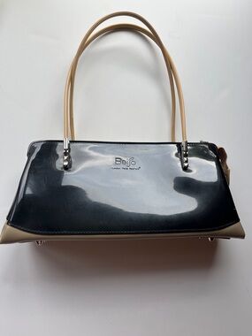 Beijo Glossy Black Patent Shoulder Bag with Tan Handles